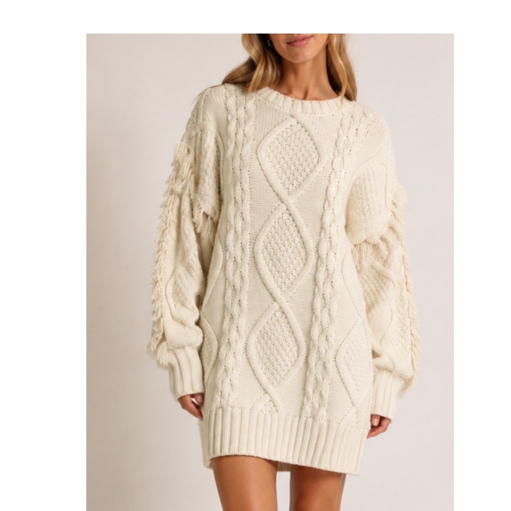 Line and Dot Cream Cable Knit Fringe Sleeve Sweater Dress LD4335L Large NWT